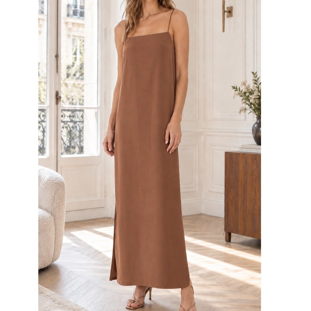 Ozma Brown Silk Slip Maxi Dress Side Slit Square Neckline Minimalist Size Large
